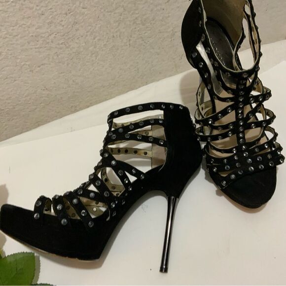 Micheal kors black suede rhinestone studded platforms heels size 7.5 - Picture 6 of 13